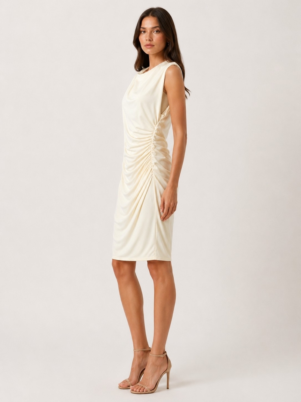 Zara Womens Cream Draped Midi Dress with Side Ruching Size XL - Picture 3 of 9